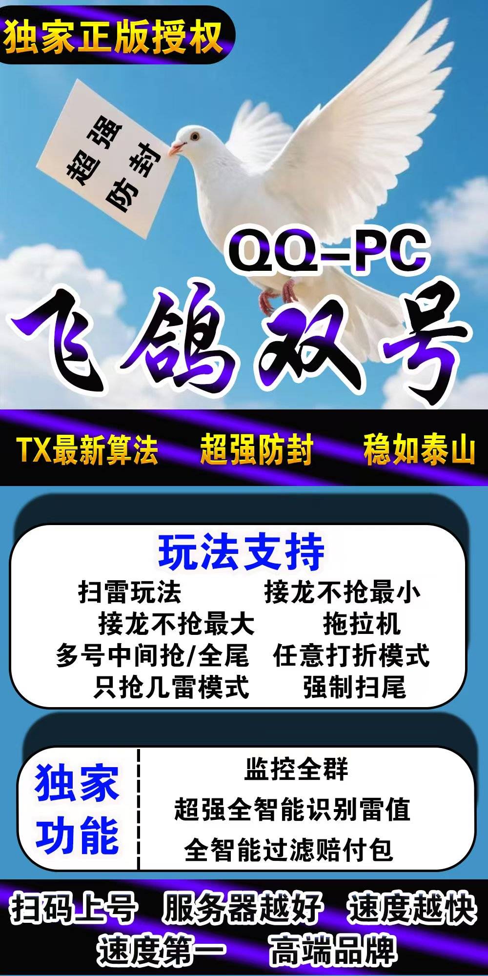 QQ电脑飞鸽单号收尾官网,全自动单号即可收尾无需双号正版天卡周卡月卡授权